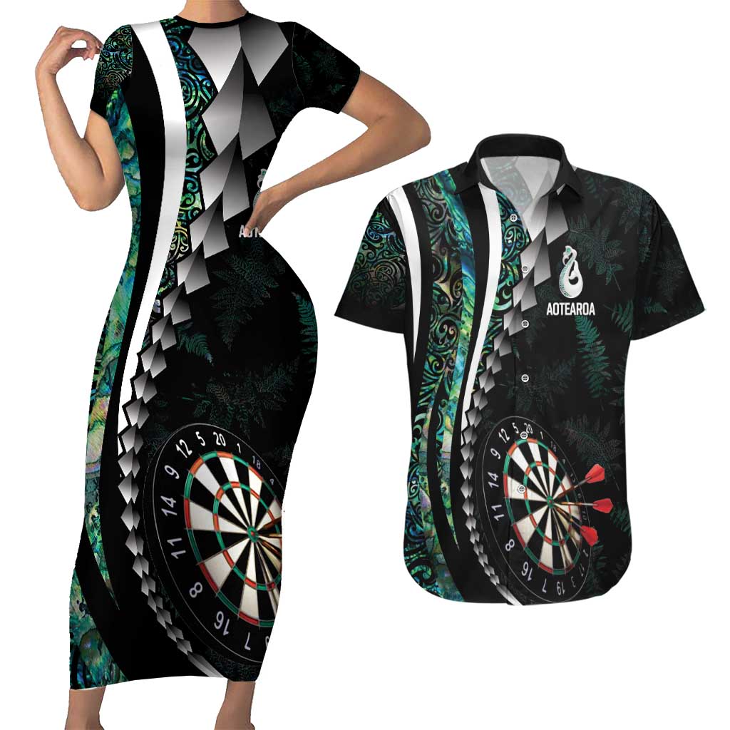 Personalized New Zealand Darts Couples Matching Short Sleeve Bodycon Dress and Hawaiian Shirt Paua Shell Koiri - Manaia LT7 Green - Polynesian Pride