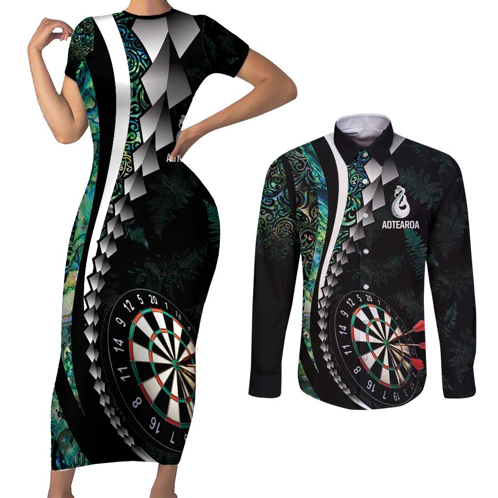 Personalized New Zealand Darts Couples Matching Short Sleeve Bodycon Dress and Long Sleeve Button Shirt Paua Shell Koiri - Manaia LT7 Green - Polynesian Pride