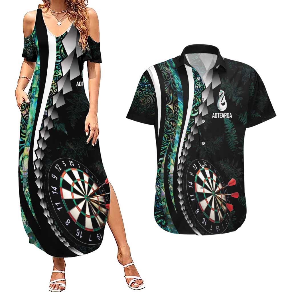 Personalized New Zealand Darts Couples Matching Summer Maxi Dress and Hawaiian Shirt Paua Shell Koiri - Manaia LT7 Green - Polynesian Pride
