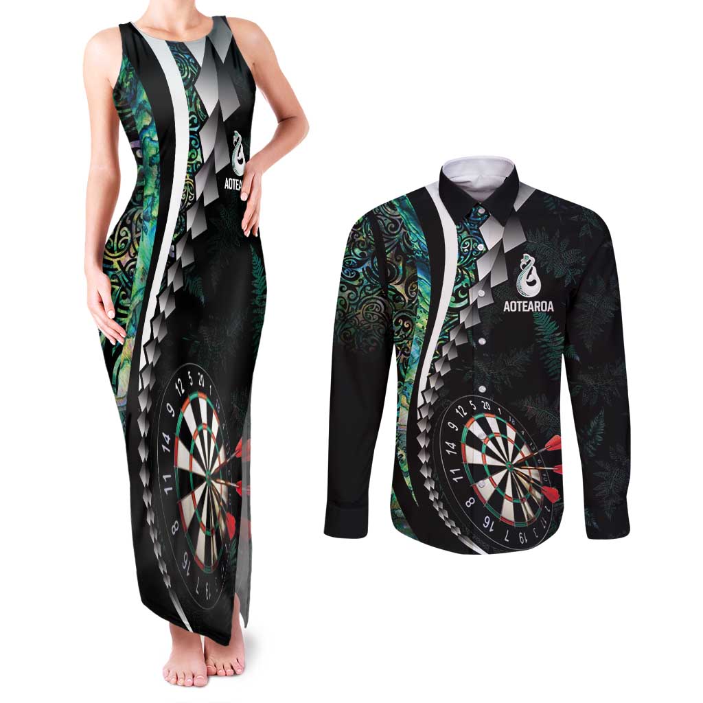 Personalized New Zealand Darts Couples Matching Tank Maxi Dress and Long Sleeve Button Shirt Paua Shell Koiri - Manaia LT7 Green - Polynesian Pride