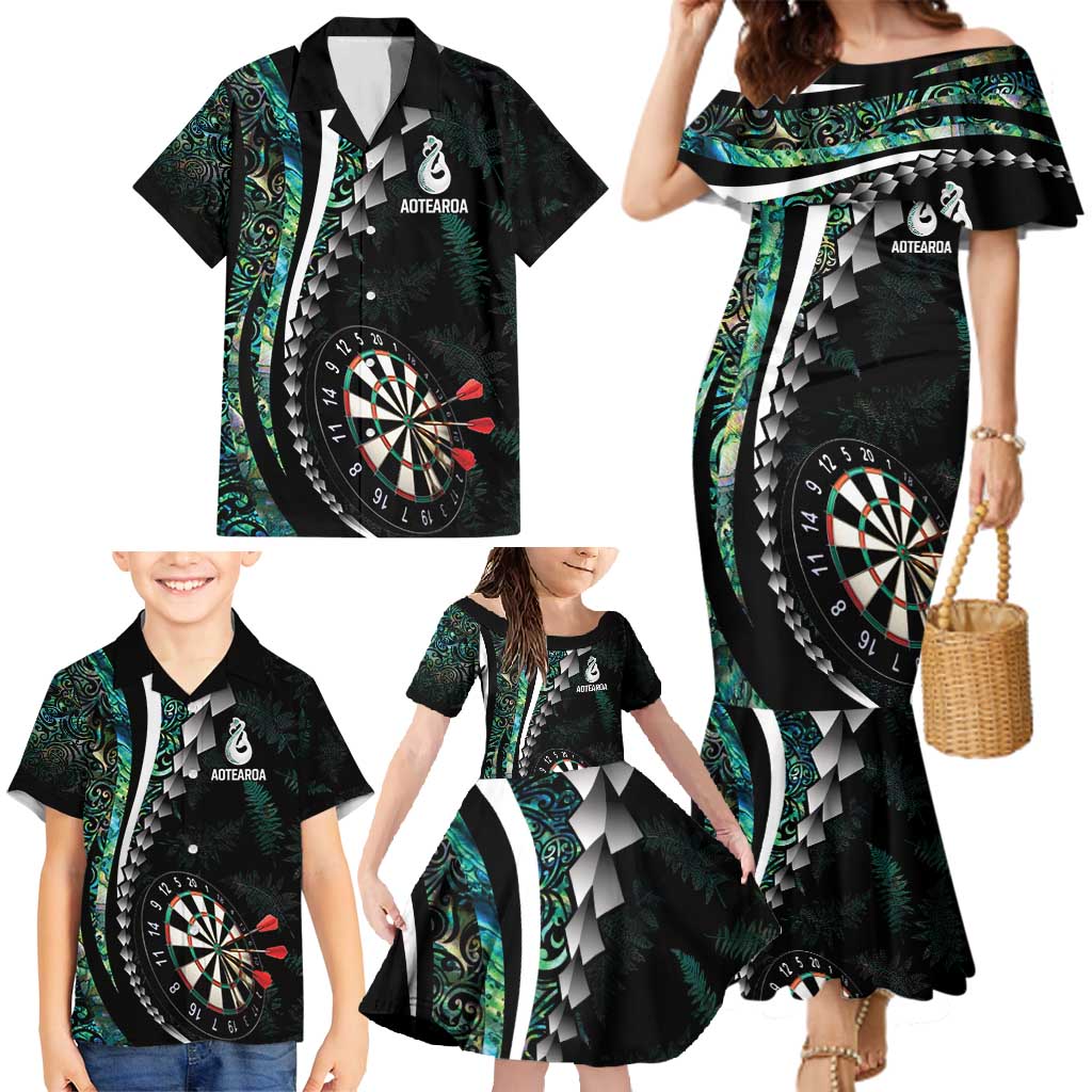 Personalized New Zealand Darts Family Matching Mermaid Dress and Hawaiian Shirt Paua Shell Koiri - Manaia LT7 - Polynesian Pride