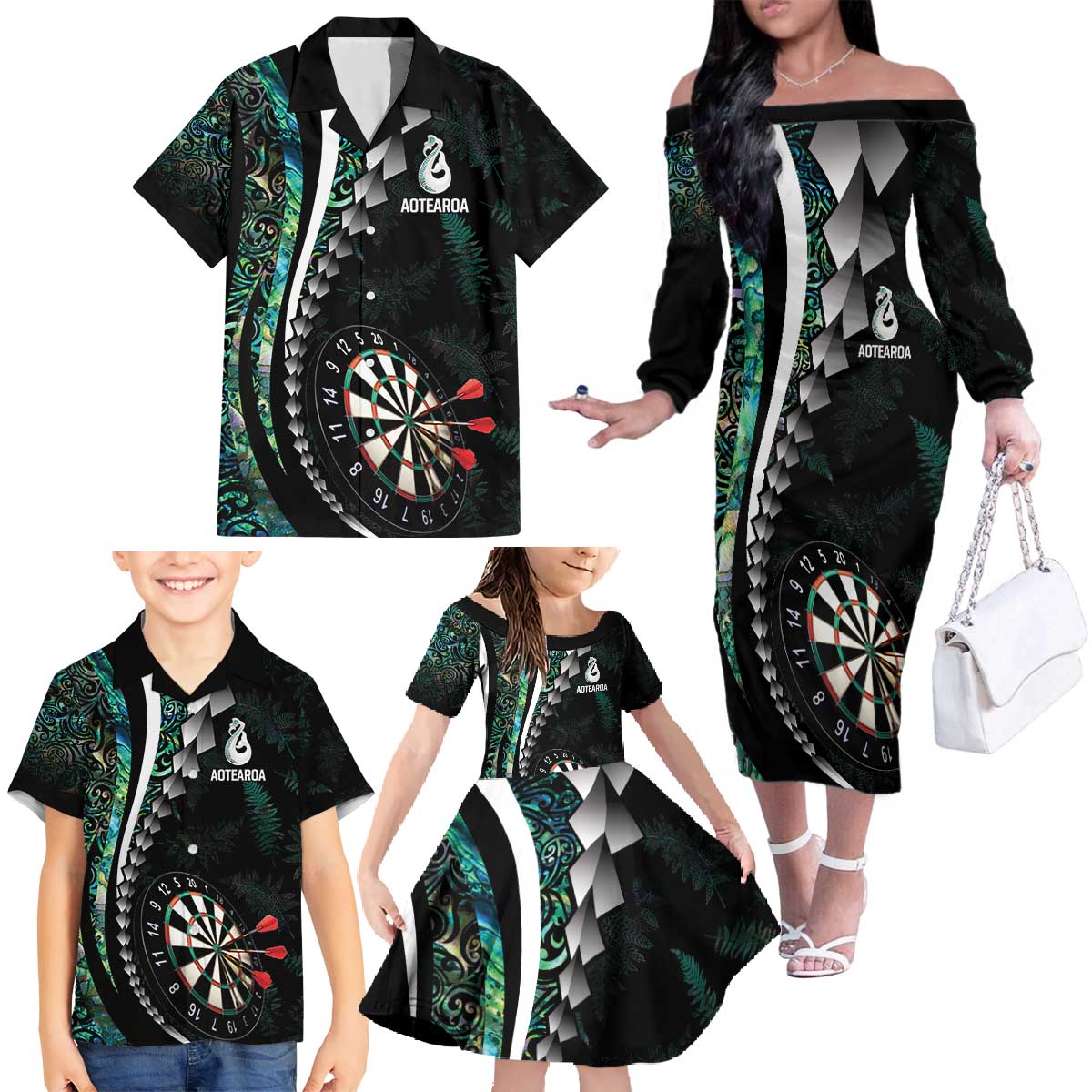 Personalized New Zealand Darts Family Matching Off The Shoulder Long Sleeve Dress and Hawaiian Shirt Paua Shell Koiri - Manaia LT7 - Polynesian Pride