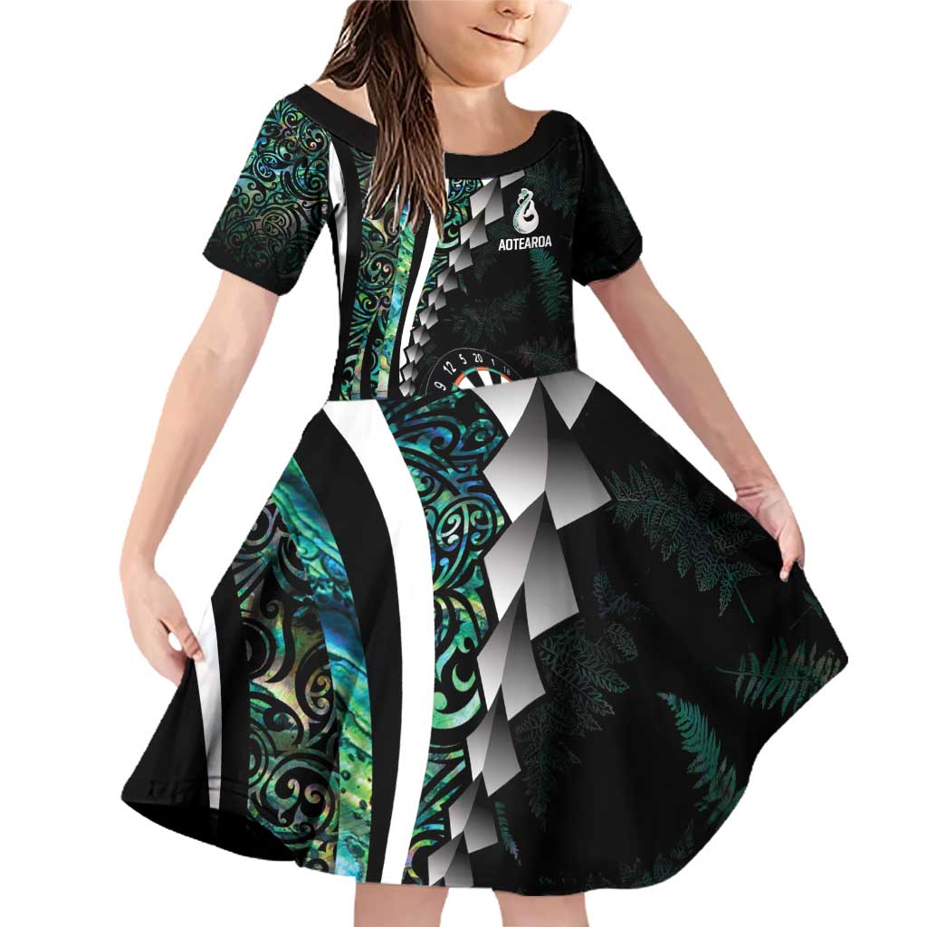 Personalized New Zealand Darts Family Matching Off Shoulder Short Dress and Hawaiian Shirt Paua Shell Koiri - Manaia LT7 Daughter's Dress Green - Polynesian Pride