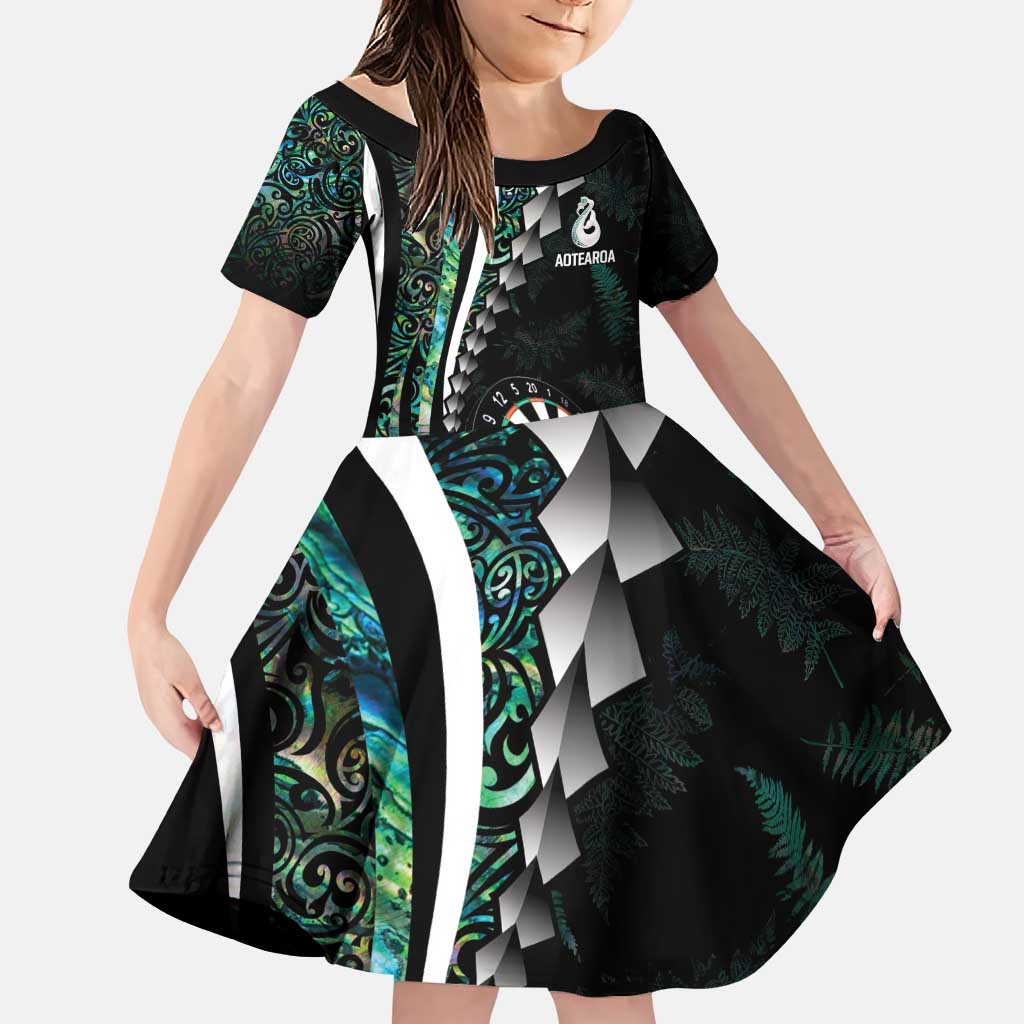 Personalized New Zealand Darts Family Matching Puletasi and Hawaiian Shirt Paua Shell Koiri - Manaia LT7 Daughter's Dress Green - Polynesian Pride