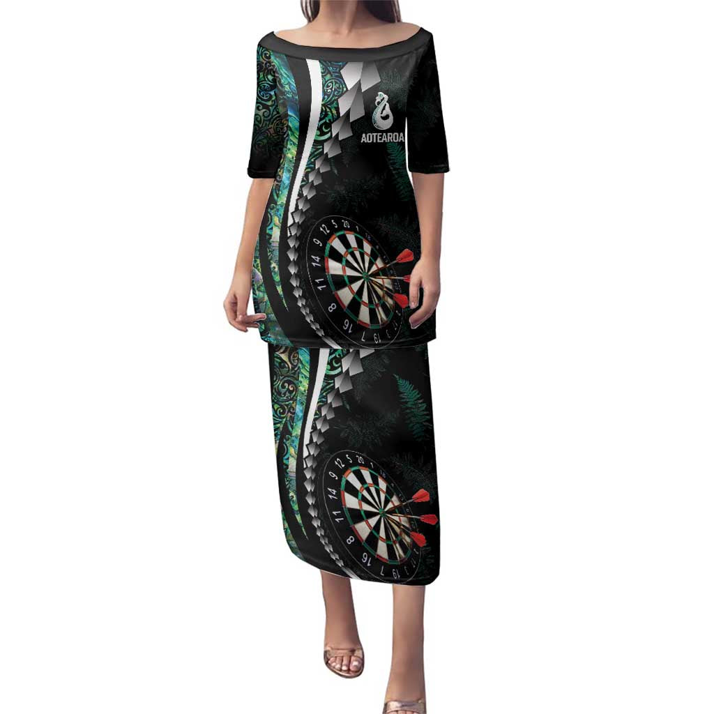 Personalized New Zealand Darts Family Matching Puletasi and Hawaiian Shirt Paua Shell Koiri - Manaia LT7 Mom's Dress Green - Polynesian Pride