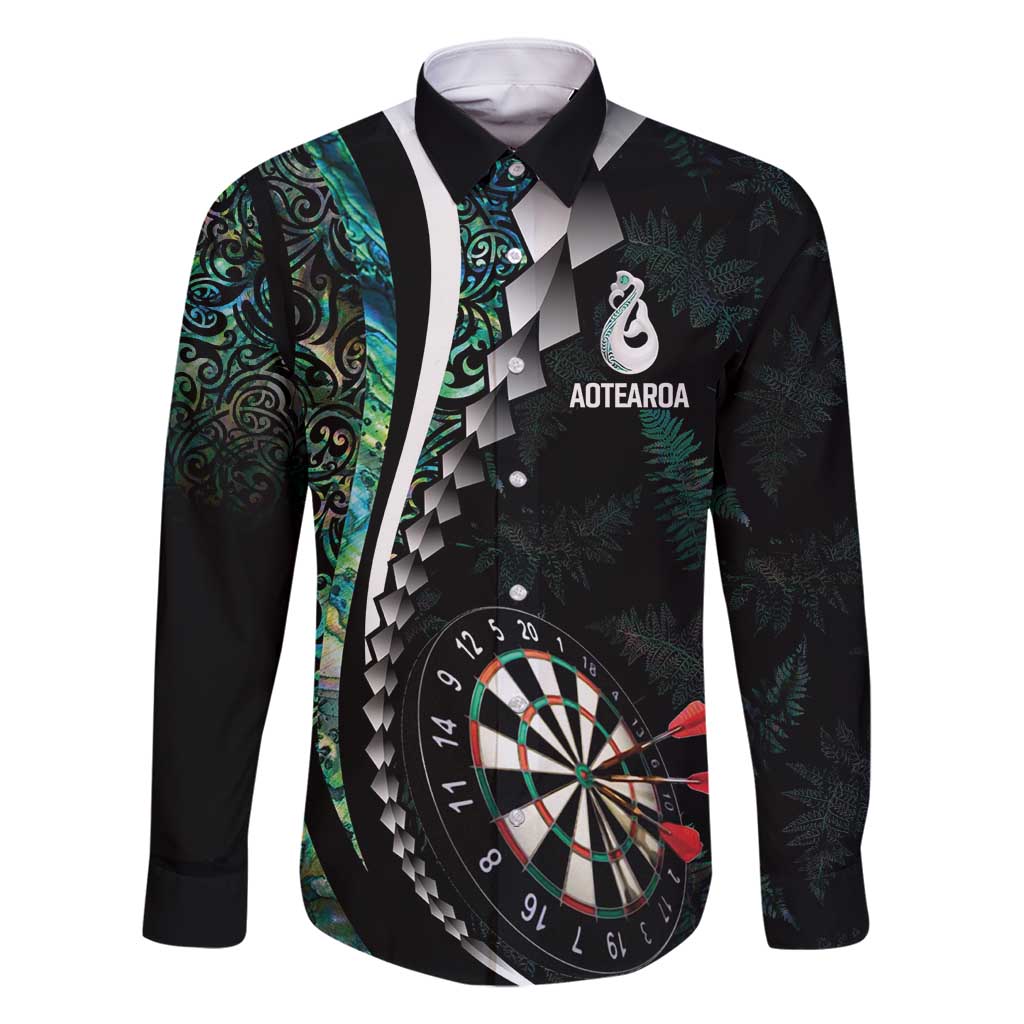 Personalized New Zealand Darts Family Matching Summer Maxi Dress and Hawaiian Shirt Paua Shell Koiri - Manaia LT7 Dad's Shirt - Long Sleeve Green - Polynesian Pride