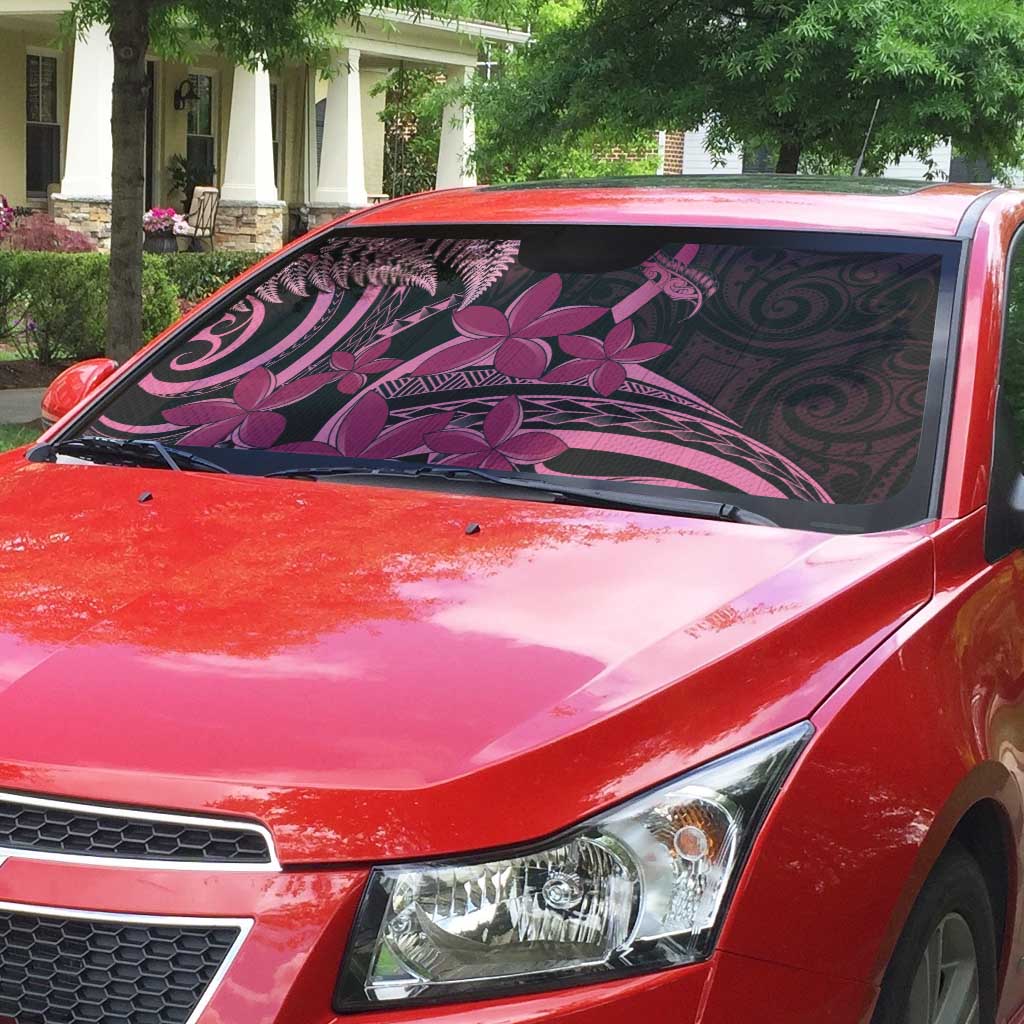 Aotearoa Maori Auto Sun Shade Pink Fern Ribbons on Black - Polynesian Pride