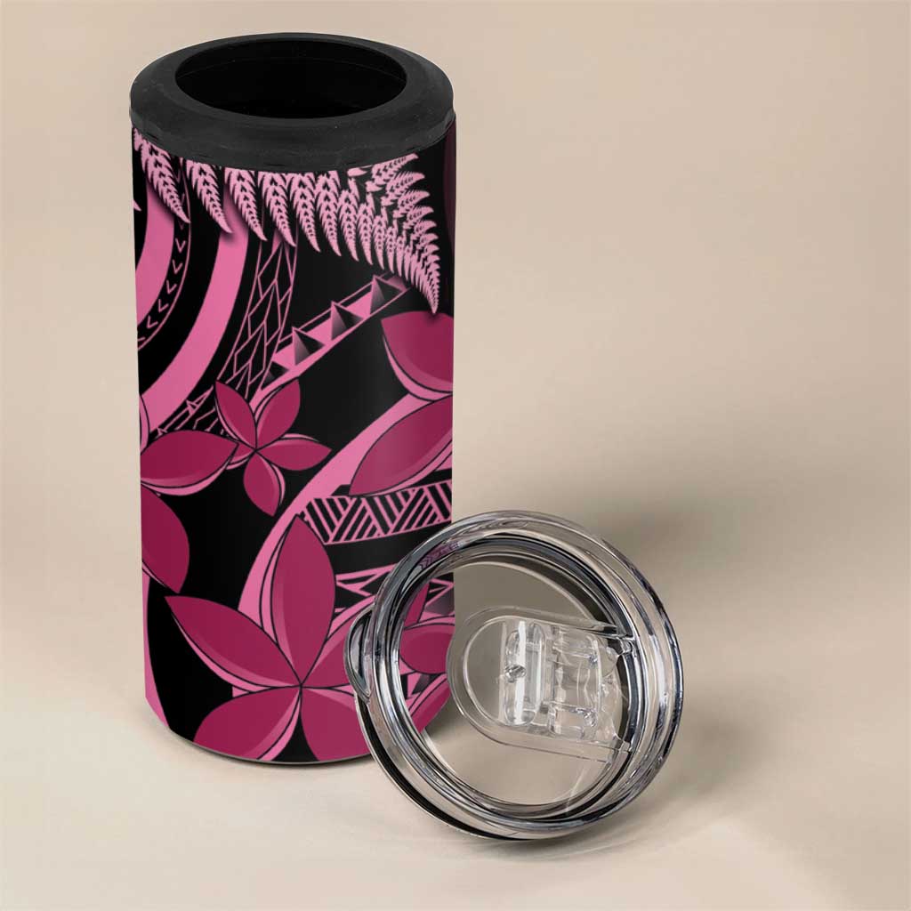 Aotearoa Maori 4 in 1 Can Cooler Tumbler Pink Fern Ribbons on Black LT7 - Polynesian Pride