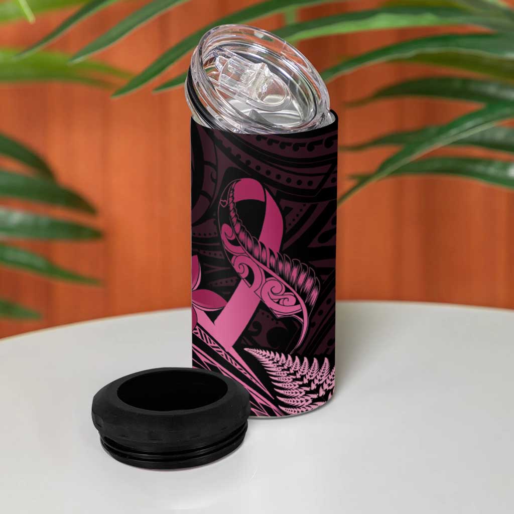 Aotearoa Maori 4 in 1 Can Cooler Tumbler Pink Fern Ribbons on Black LT7 - Polynesian Pride