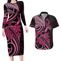 Aotearoa Maori Couples Matching Long Sleeve Bodycon Dress and Hawaiian Shirt Pink Fern Ribbons on Black LT7 Black - Polynesian Pride