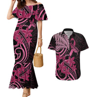 Aotearoa Maori Couples Matching Mermaid Dress and Hawaiian Shirt Pink Fern Ribbons on Black LT7 Black - Polynesian Pride