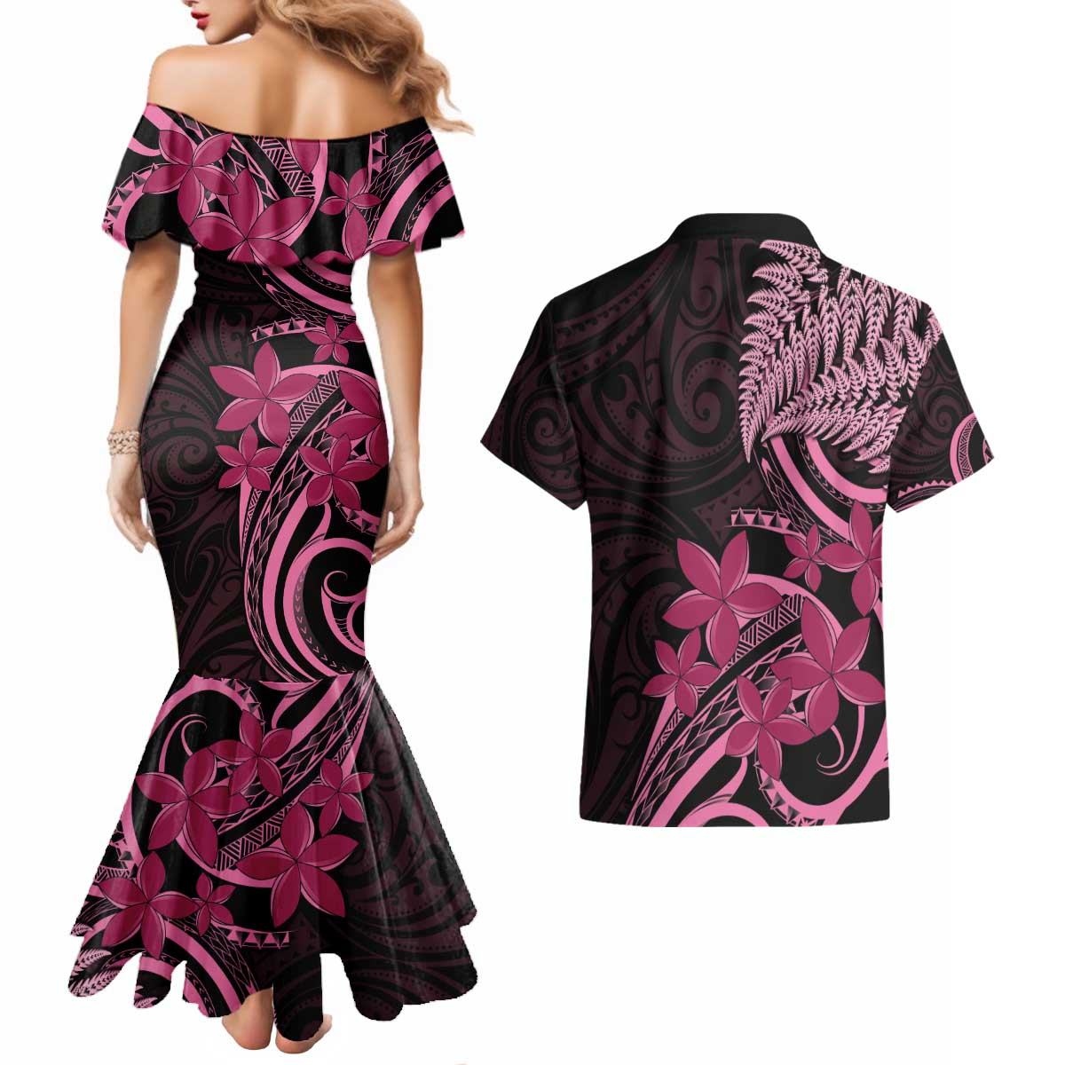 Aotearoa Maori Couples Matching Mermaid Dress and Hawaiian Shirt Pink Fern Ribbons on Black LT7 - Polynesian Pride