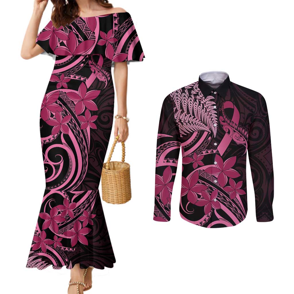 Aotearoa Maori Couples Matching Mermaid Dress and Long Sleeve Button Shirt Pink Fern Ribbons on Black LT7 Black - Polynesian Pride