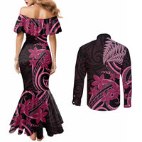 Aotearoa Maori Couples Matching Mermaid Dress and Long Sleeve Button Shirt Pink Fern Ribbons on Black LT7 - Polynesian Pride