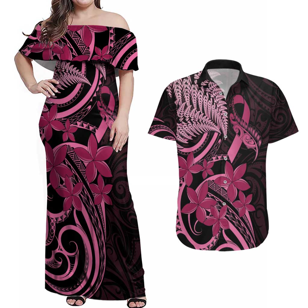 Aotearoa Maori Couples Matching Off Shoulder Maxi Dress and Hawaiian Shirt Pink Fern Ribbons on Black LT7 Black - Polynesian Pride