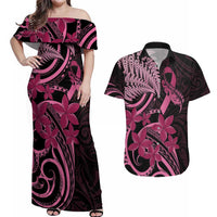 Aotearoa Maori Couples Matching Off Shoulder Maxi Dress and Hawaiian Shirt Pink Fern Ribbons on Black LT7 Black - Polynesian Pride