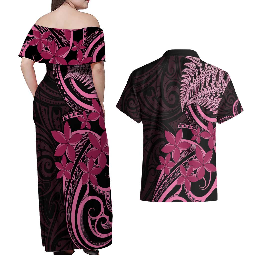 Aotearoa Maori Couples Matching Off Shoulder Maxi Dress and Hawaiian Shirt Pink Fern Ribbons on Black LT7 - Polynesian Pride