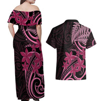 Aotearoa Maori Couples Matching Off Shoulder Maxi Dress and Hawaiian Shirt Pink Fern Ribbons on Black LT7 - Polynesian Pride