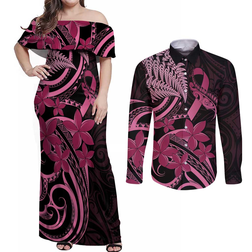 Aotearoa Maori Couples Matching Off Shoulder Maxi Dress and Long Sleeve Button Shirt Pink Fern Ribbons on Black LT7 Black - Polynesian Pride