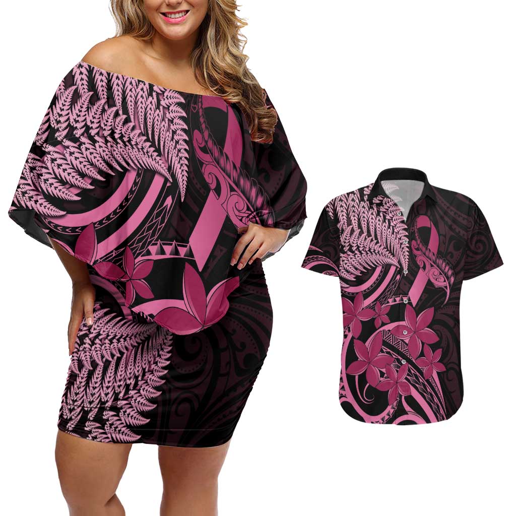 Aotearoa Maori Couples Matching Off Shoulder Short Dress and Hawaiian Shirt Pink Fern Ribbons on Black LT7 Black - Polynesian Pride
