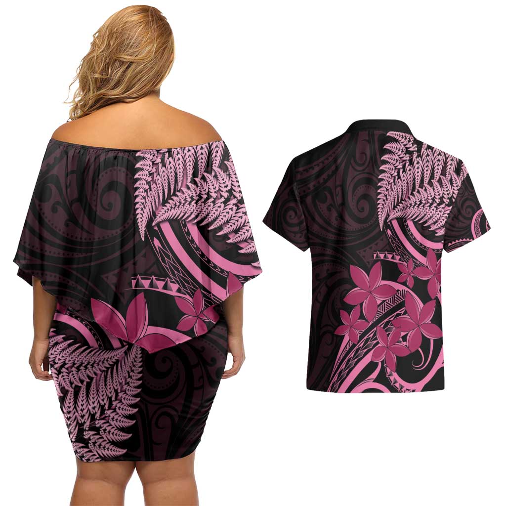 Aotearoa Maori Couples Matching Off Shoulder Short Dress and Hawaiian Shirt Pink Fern Ribbons on Black LT7 - Polynesian Pride