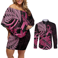 Aotearoa Maori Couples Matching Off Shoulder Short Dress and Long Sleeve Button Shirt Pink Fern Ribbons on Black LT7 Black - Polynesian Pride