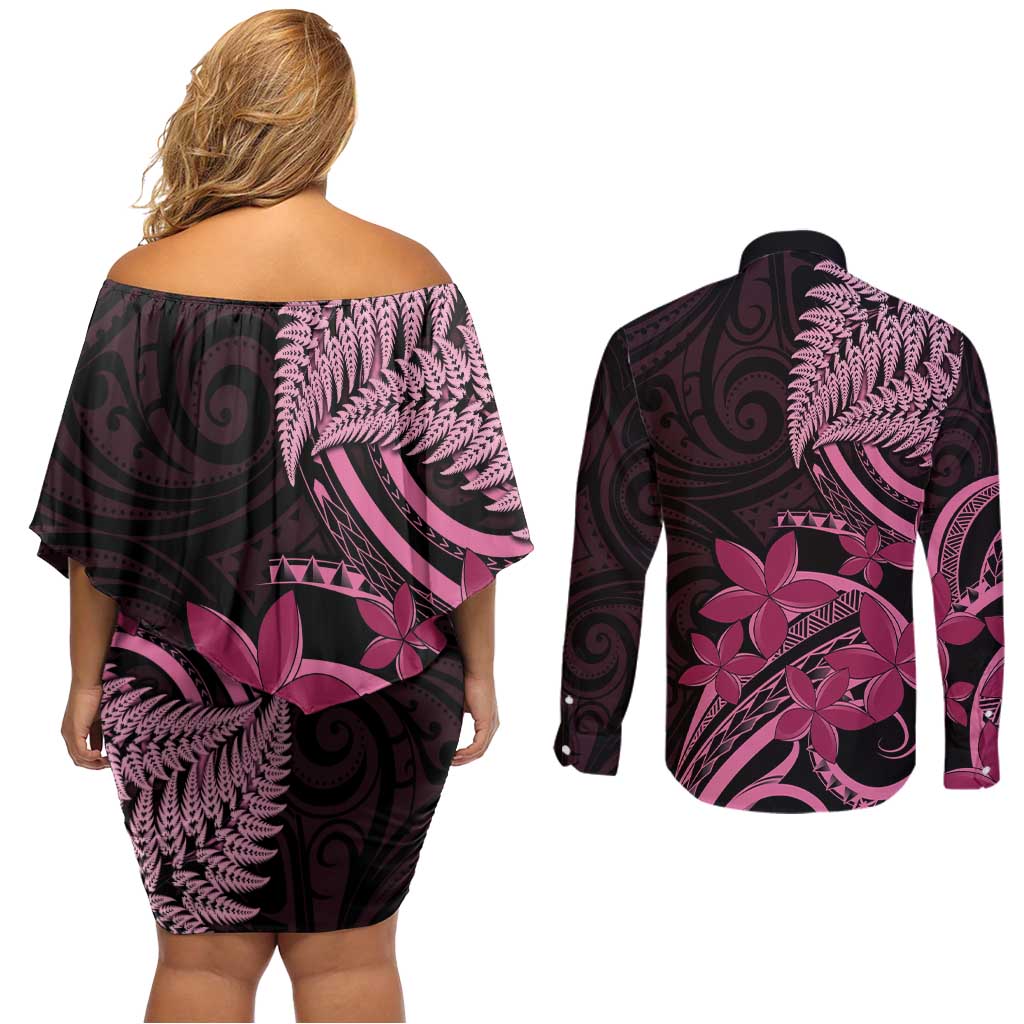 Aotearoa Maori Couples Matching Off Shoulder Short Dress and Long Sleeve Button Shirt Pink Fern Ribbons on Black LT7 - Polynesian Pride