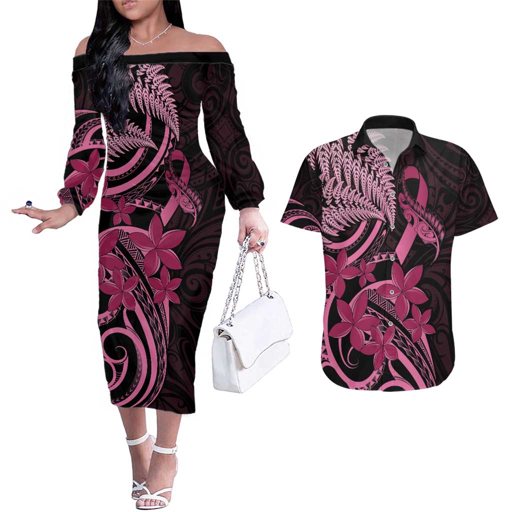 Aotearoa Maori Couples Matching Off The Shoulder Long Sleeve Dress and Hawaiian Shirt Pink Fern Ribbons on Black LT7 Black - Polynesian Pride