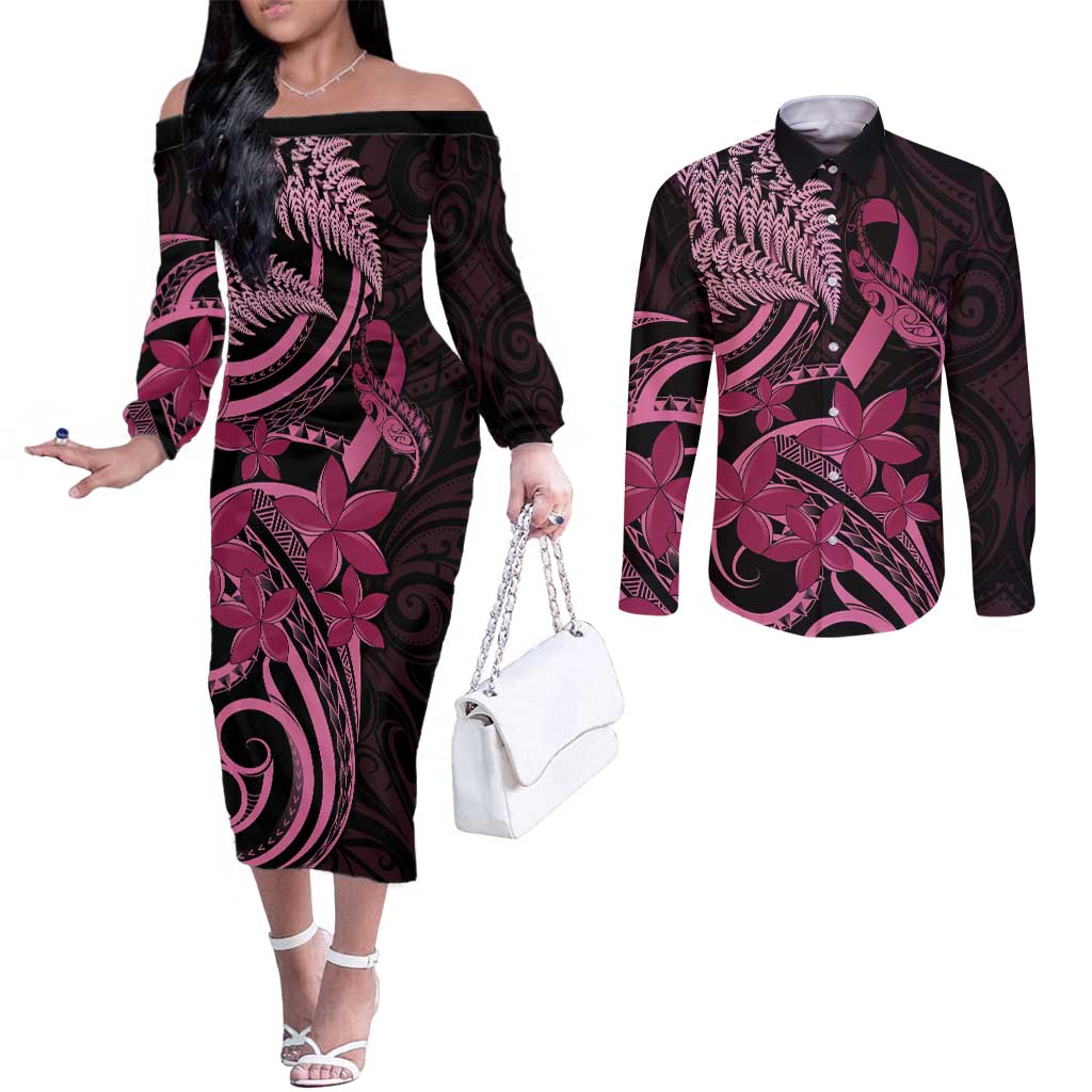 Aotearoa Maori Couples Matching Off The Shoulder Long Sleeve Dress and Long Sleeve Button Shirt Pink Fern Ribbons on Black LT7 Black - Polynesian Pride