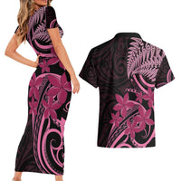 Aotearoa Maori Couples Matching Short Sleeve Bodycon Dress and Hawaiian Shirt Pink Fern Ribbons on Black LT7 - Polynesian Pride