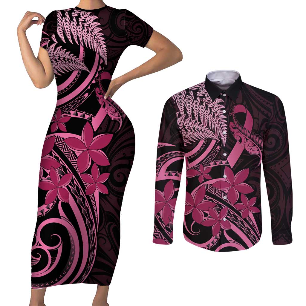 Aotearoa Maori Couples Matching Short Sleeve Bodycon Dress and Long Sleeve Button Shirt Pink Fern Ribbons on Black LT7 Black - Polynesian Pride