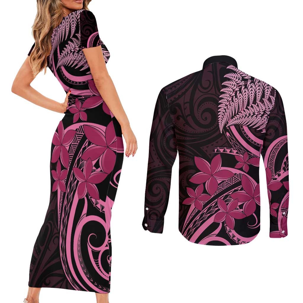 Aotearoa Maori Couples Matching Short Sleeve Bodycon Dress and Long Sleeve Button Shirt Pink Fern Ribbons on Black LT7 - Polynesian Pride