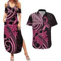 Aotearoa Maori Couples Matching Summer Maxi Dress and Hawaiian Shirt Pink Fern Ribbons on Black LT7 Black - Polynesian Pride