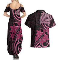 Aotearoa Maori Couples Matching Summer Maxi Dress and Hawaiian Shirt Pink Fern Ribbons on Black LT7 - Polynesian Pride