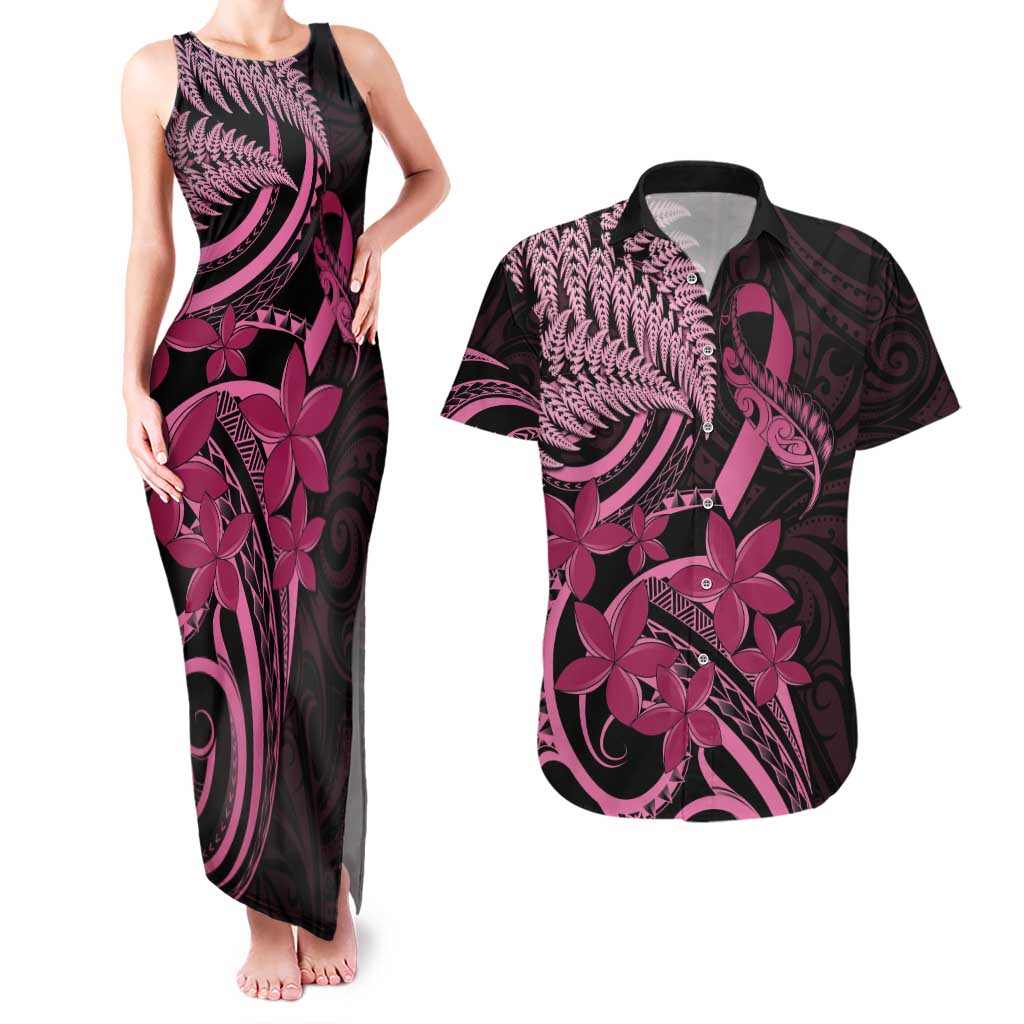 Aotearoa Maori Couples Matching Tank Maxi Dress and Hawaiian Shirt Pink Fern Ribbons on Black LT7 Black - Polynesian Pride