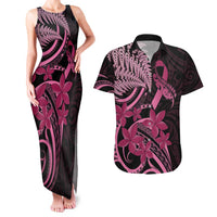 Aotearoa Maori Couples Matching Tank Maxi Dress and Hawaiian Shirt Pink Fern Ribbons on Black LT7 Black - Polynesian Pride