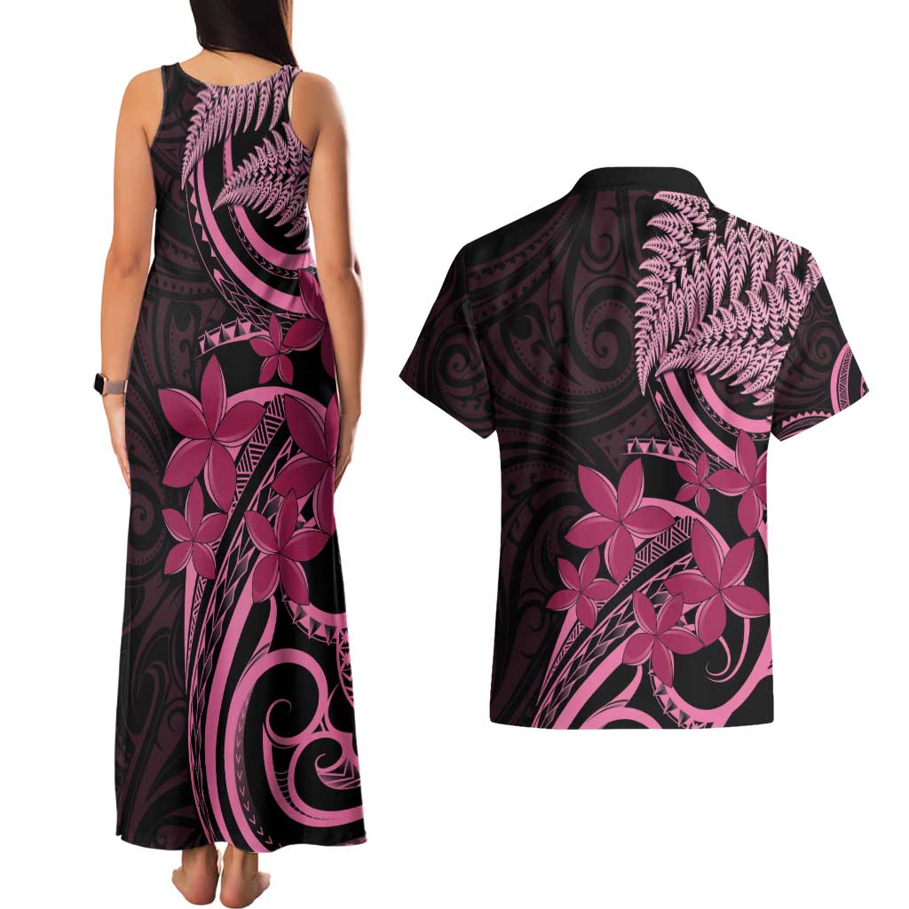 Aotearoa Maori Couples Matching Tank Maxi Dress and Hawaiian Shirt Pink Fern Ribbons on Black LT7 - Polynesian Pride