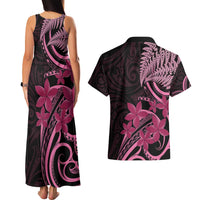Aotearoa Maori Couples Matching Tank Maxi Dress and Hawaiian Shirt Pink Fern Ribbons on Black LT7 - Polynesian Pride