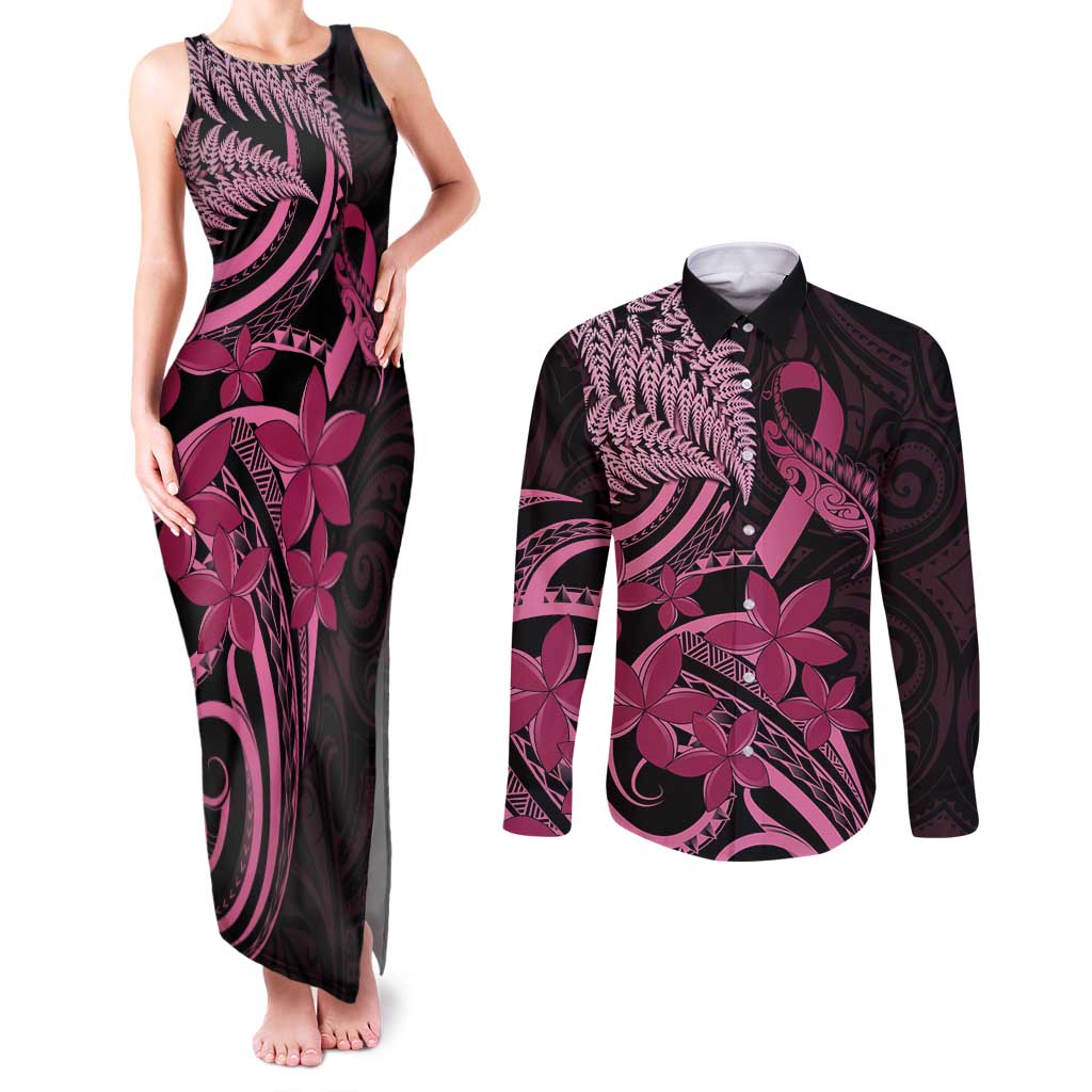 Aotearoa Maori Couples Matching Tank Maxi Dress and Long Sleeve Button Shirt Pink Fern Ribbons on Black LT7 Black - Polynesian Pride