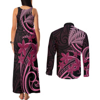 Aotearoa Maori Couples Matching Tank Maxi Dress and Long Sleeve Button Shirt Pink Fern Ribbons on Black LT7 - Polynesian Pride