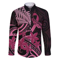 Aotearoa Maori Family Matching Long Sleeve Bodycon Dress and Hawaiian Shirt Pink Fern Ribbons on Black LT7 Dad's Shirt - Long Sleeve Black - Polynesian Pride