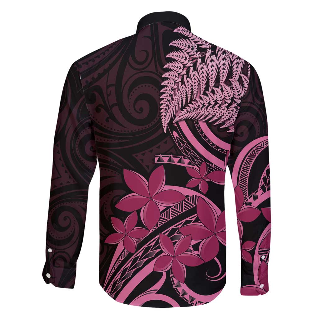 Aotearoa Maori Family Matching Long Sleeve Bodycon Dress and Hawaiian Shirt Pink Fern Ribbons on Black LT7 - Polynesian Pride