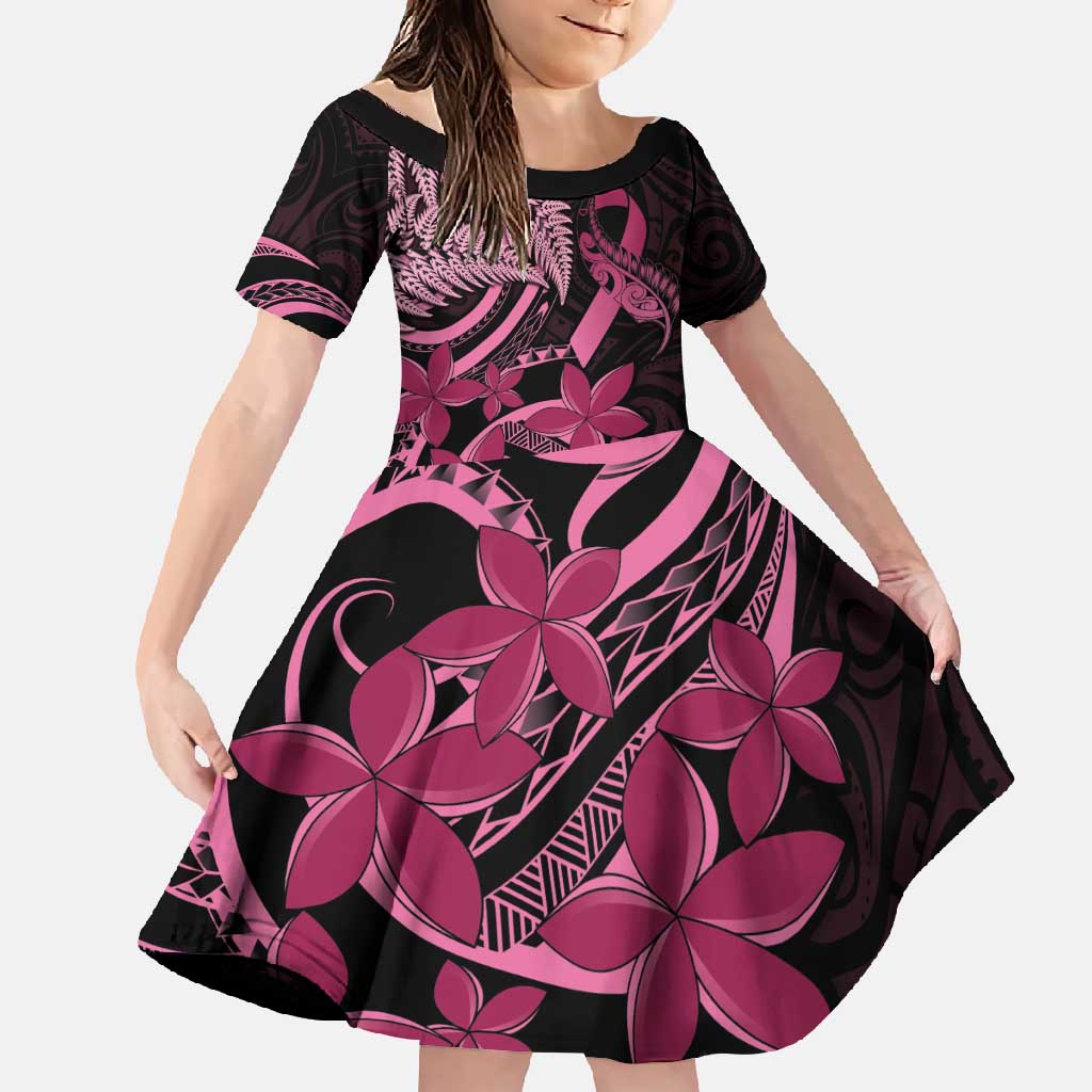 Aotearoa Maori Family Matching Mermaid Dress and Hawaiian Shirt Pink Fern Ribbons on Black LT7 Daughter's Dress Black - Polynesian Pride