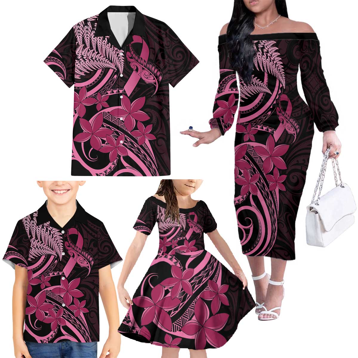 Aotearoa Maori Family Matching Off The Shoulder Long Sleeve Dress and Hawaiian Shirt Pink Fern Ribbons on Black LT7 - Polynesian Pride