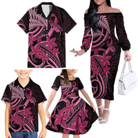 Aotearoa Maori Family Matching Off The Shoulder Long Sleeve Dress and Hawaiian Shirt Pink Fern Ribbons on Black LT7 - Polynesian Pride