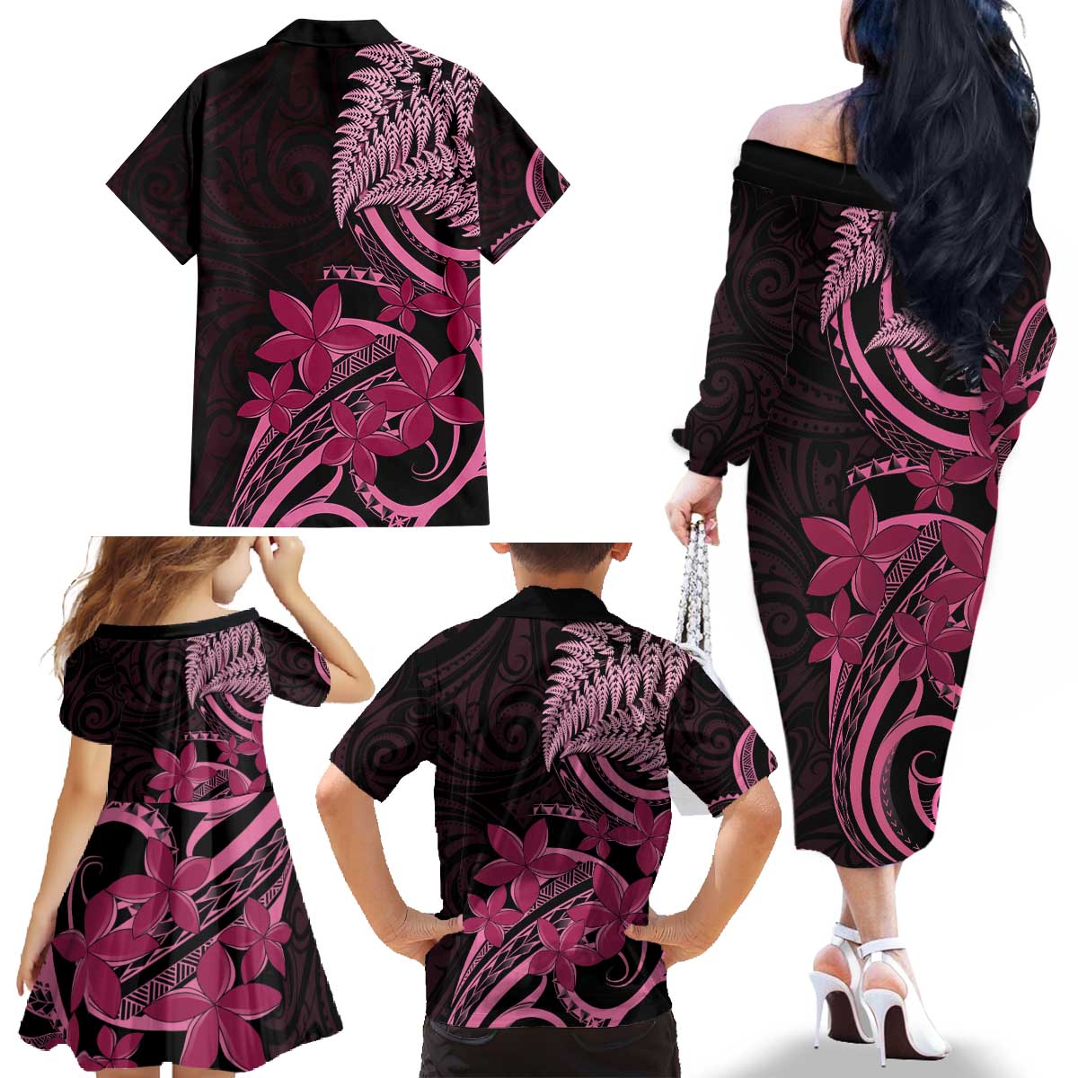 Aotearoa Maori Family Matching Off The Shoulder Long Sleeve Dress and Hawaiian Shirt Pink Fern Ribbons on Black LT7 - Polynesian Pride