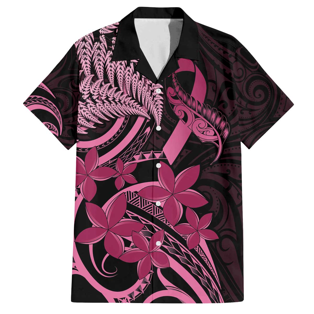 Aotearoa Maori Family Matching Off The Shoulder Long Sleeve Dress and Hawaiian Shirt Pink Fern Ribbons on Black LT7 Dad's Shirt - Short Sleeve Black - Polynesian Pride