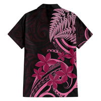 Aotearoa Maori Family Matching Off The Shoulder Long Sleeve Dress and Hawaiian Shirt Pink Fern Ribbons on Black LT7 - Polynesian Pride
