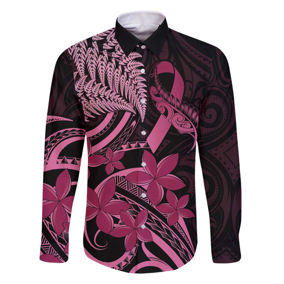 Aotearoa Maori Family Matching Off The Shoulder Long Sleeve Dress and Hawaiian Shirt Pink Fern Ribbons on Black LT7 Dad's Shirt - Long Sleeve Black - Polynesian Pride