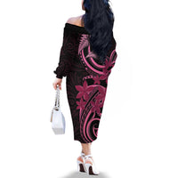 Aotearoa Maori Family Matching Off The Shoulder Long Sleeve Dress and Hawaiian Shirt Pink Fern Ribbons on Black LT7 - Polynesian Pride